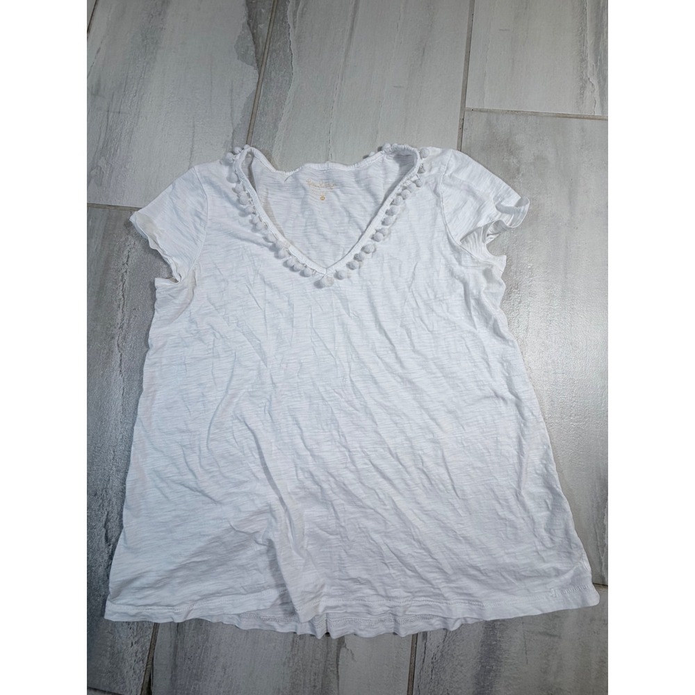 Lilly Pulitzer White Pima Cotton Pom Pom V-Neck Slub Tee Shirt Medium
